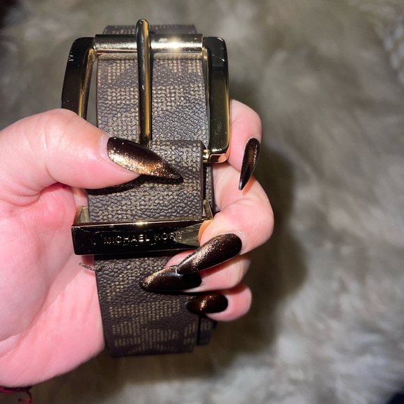 MICHAEL KORS BELT CHOCOLATE MK PRINTED LOGO GOLD SIZE MEDIUM - Picture 11 of 17